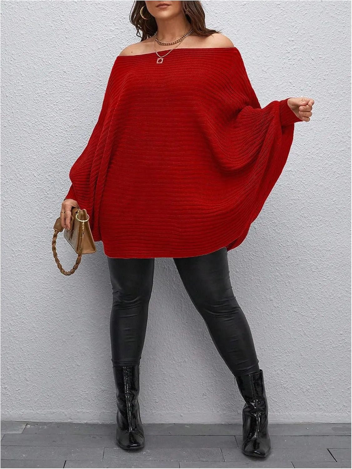 WDIRARA Women's Plus Size Off The Shoulder Batwing Long Sleeve Sweater Pullovers