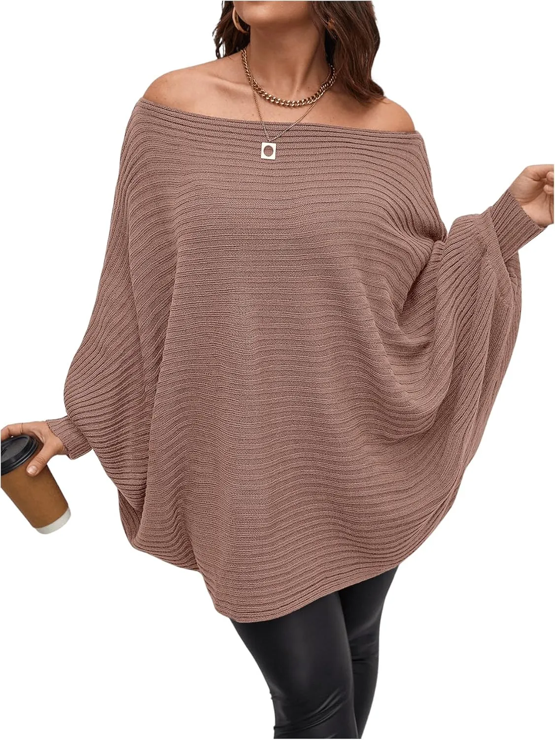 WDIRARA Women's Plus Size Off The Shoulder Batwing Long Sleeve Sweater Pullovers
