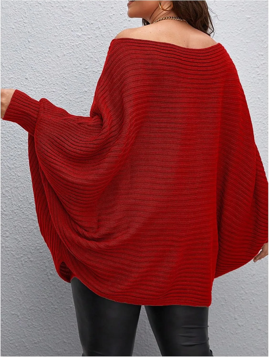 WDIRARA Women's Plus Size Off The Shoulder Batwing Long Sleeve Sweater Pullovers