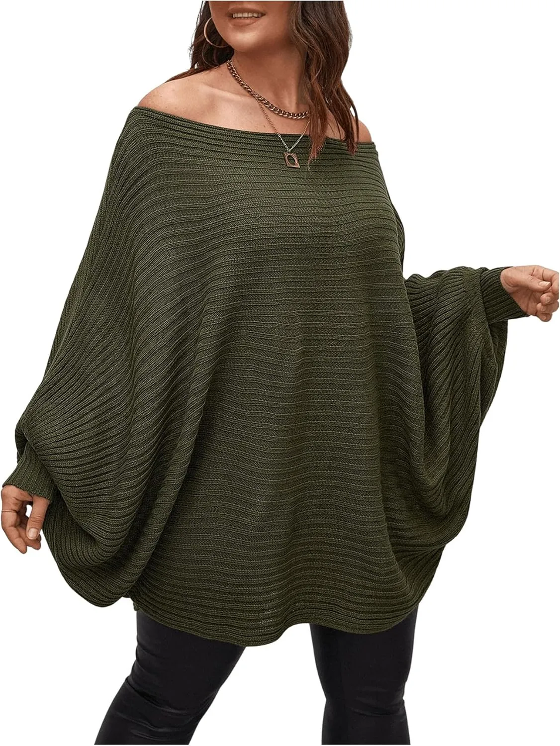 WDIRARA Women's Plus Size Off The Shoulder Batwing Long Sleeve Sweater Pullovers