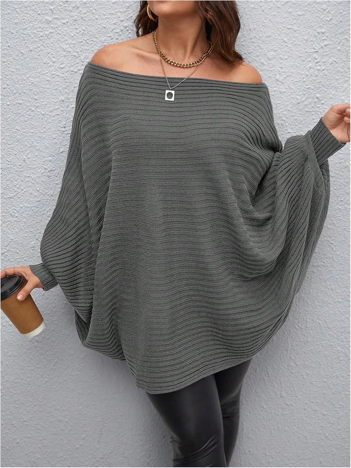 WDIRARA Women's Plus Size Off The Shoulder Batwing Long Sleeve Sweater Pullovers