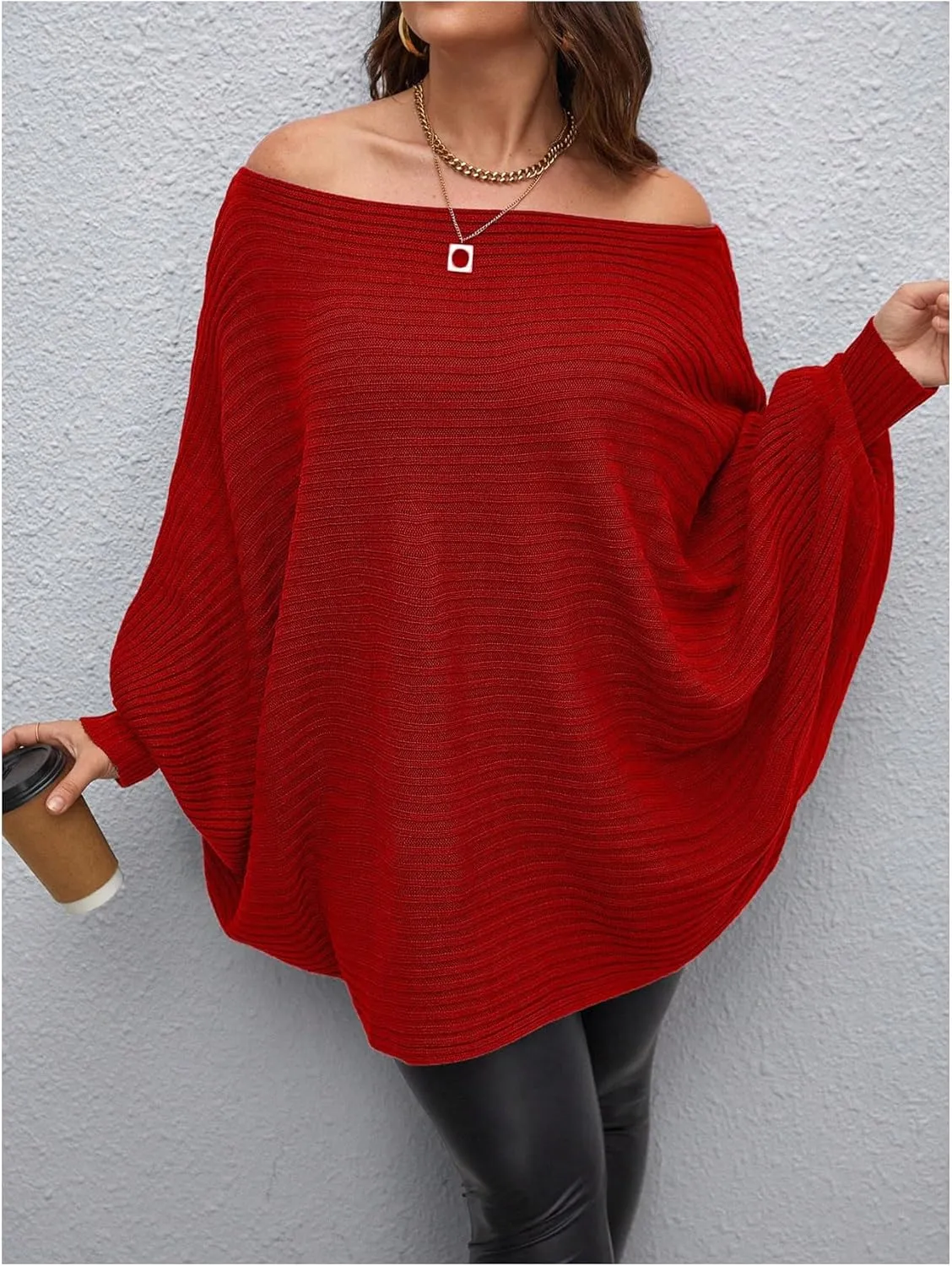 WDIRARA Women's Plus Size Off The Shoulder Batwing Long Sleeve Sweater Pullovers