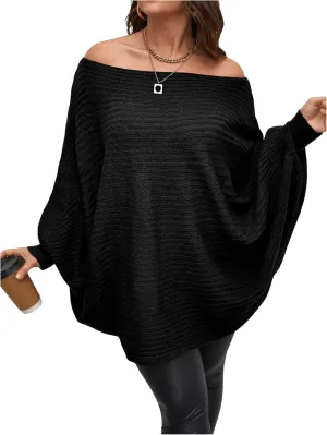 WDIRARA Women's Plus Size Off The Shoulder Batwing Long Sleeve Sweater Pullovers