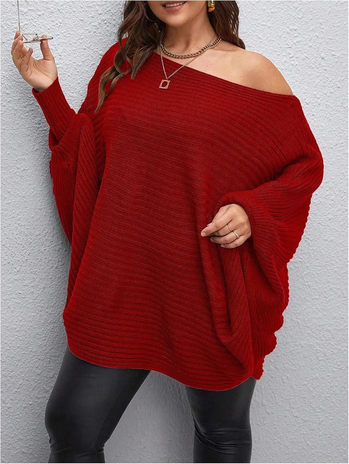 WDIRARA Women's Plus Size Off The Shoulder Batwing Long Sleeve Sweater Pullovers
