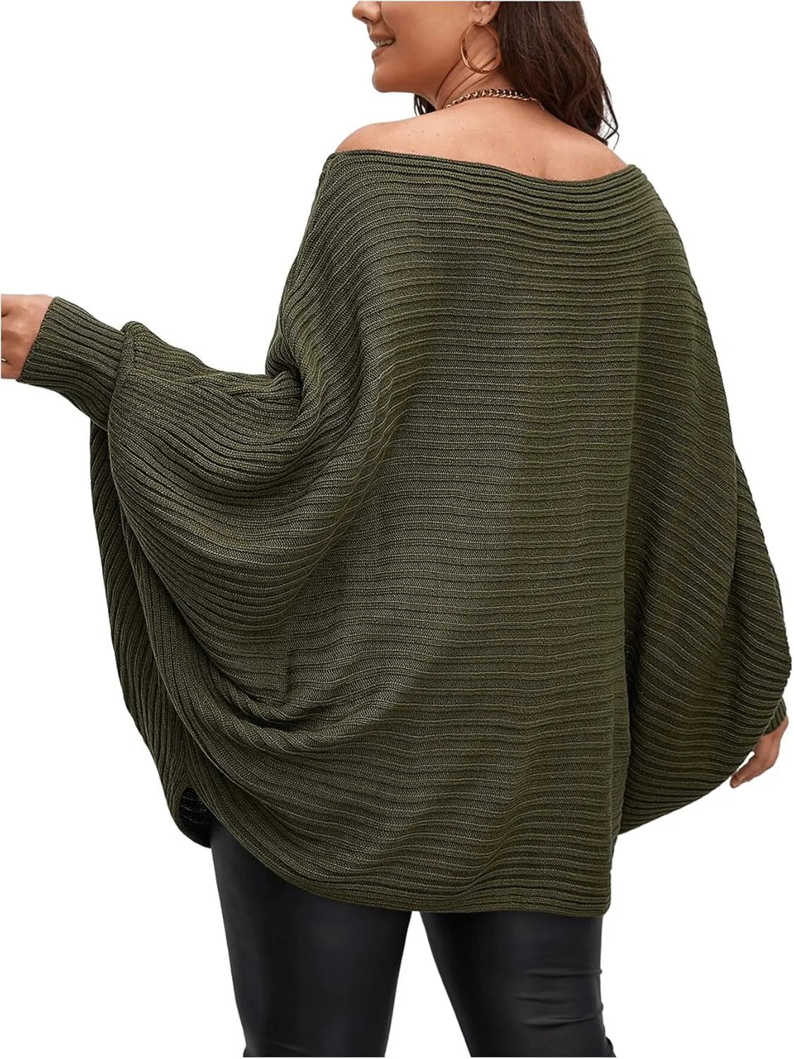 WDIRARA Women's Plus Size Off The Shoulder Batwing Long Sleeve Sweater Pullovers