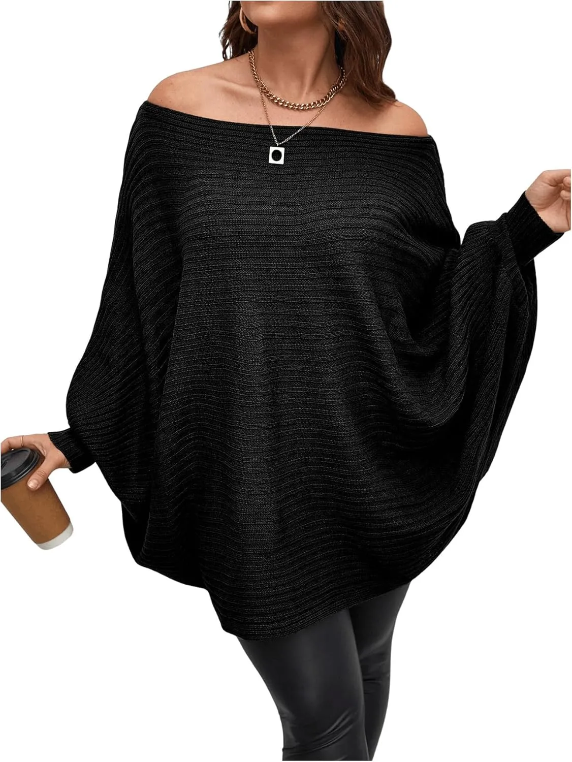 WDIRARA Women's Plus Size Off The Shoulder Batwing Long Sleeve Sweater Pullovers