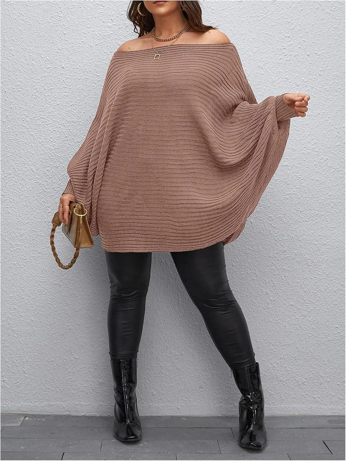 WDIRARA Women's Plus Size Off The Shoulder Batwing Long Sleeve Sweater Pullovers