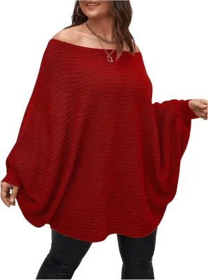 WDIRARA Women's Plus Size Off The Shoulder Batwing Long Sleeve Sweater Pullovers