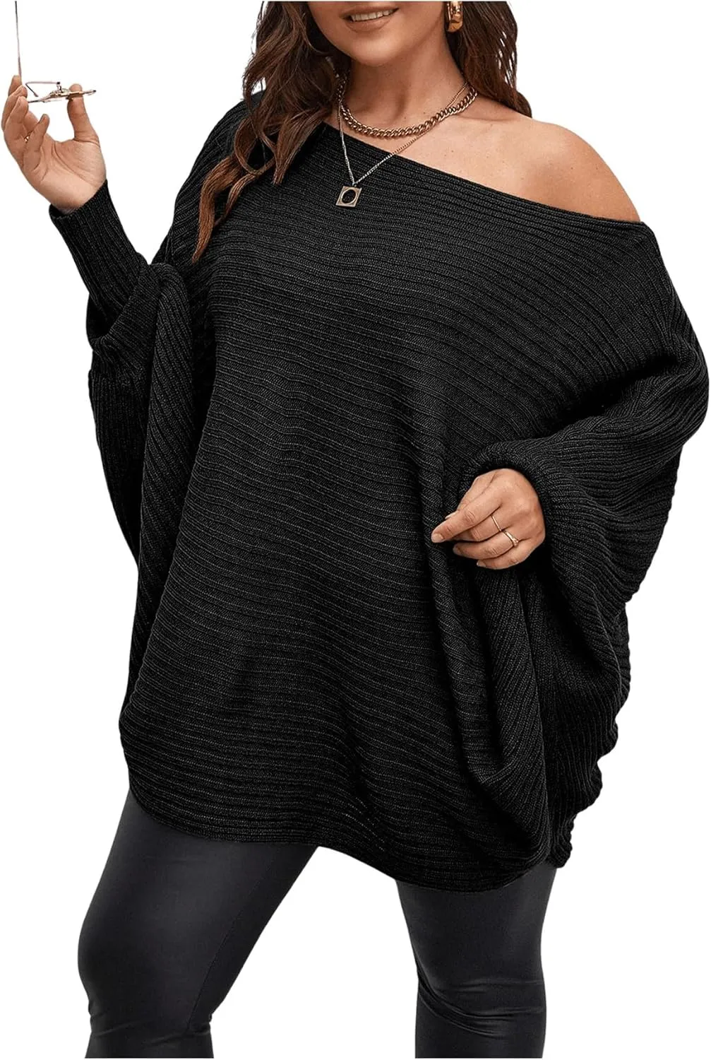 WDIRARA Women's Plus Size Off The Shoulder Batwing Long Sleeve Sweater Pullovers