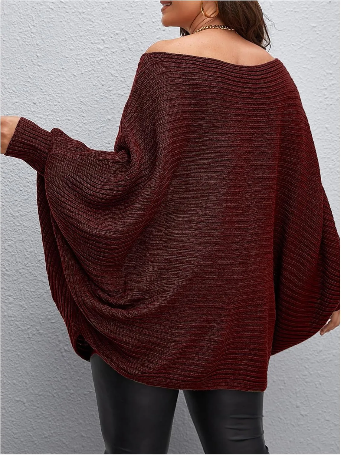 WDIRARA Women's Plus Size Off The Shoulder Batwing Long Sleeve Sweater Pullovers