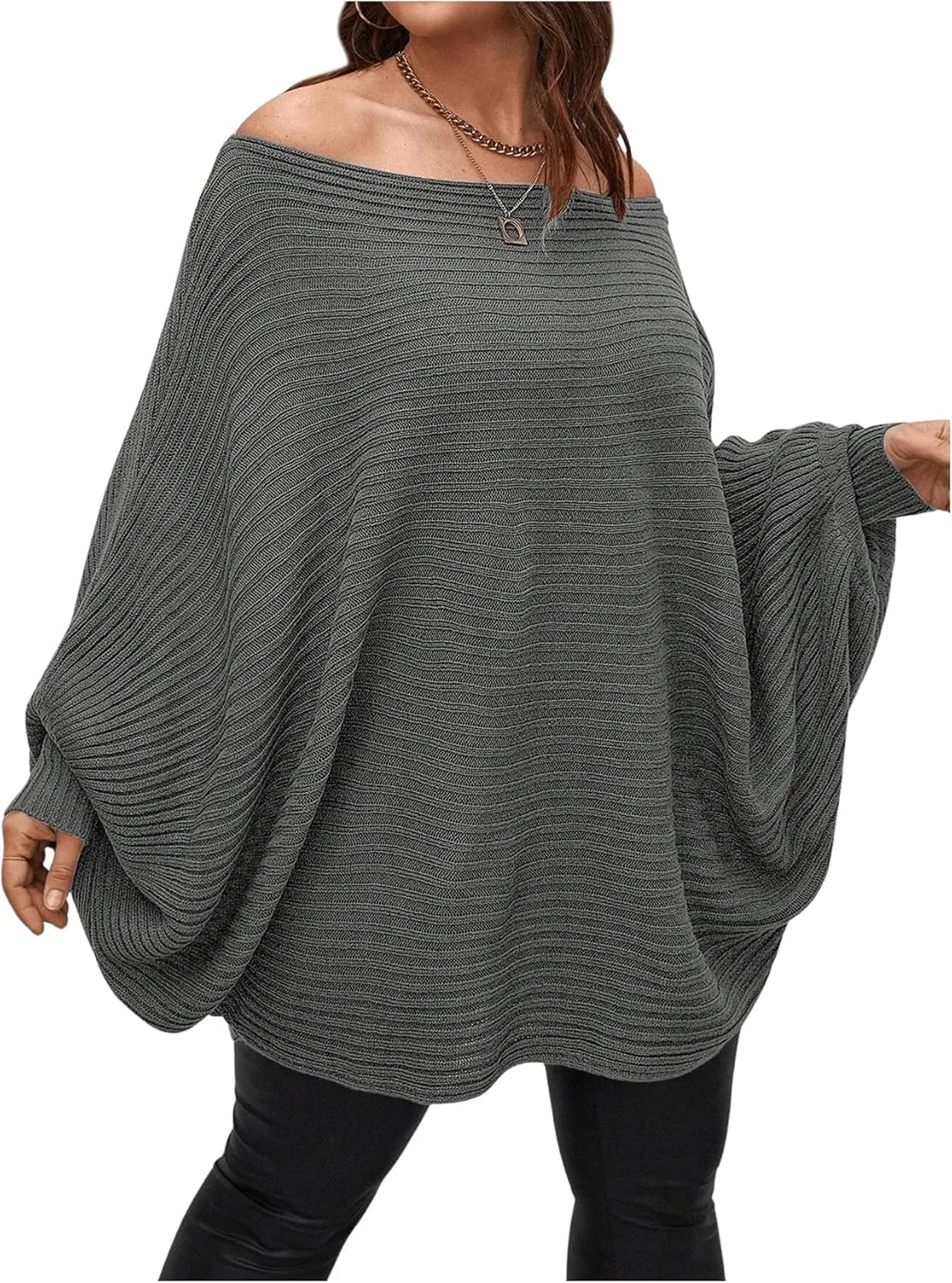 WDIRARA Women's Plus Size Off The Shoulder Batwing Long Sleeve Sweater Pullovers