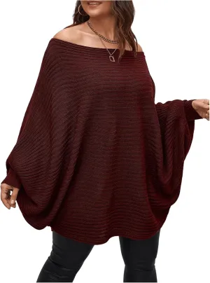 WDIRARA Women's Plus Size Off The Shoulder Batwing Long Sleeve Sweater Pullovers