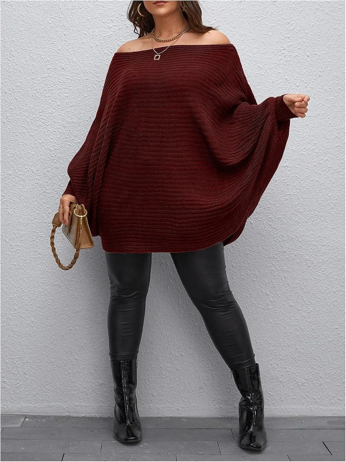 WDIRARA Women's Plus Size Off The Shoulder Batwing Long Sleeve Sweater Pullovers