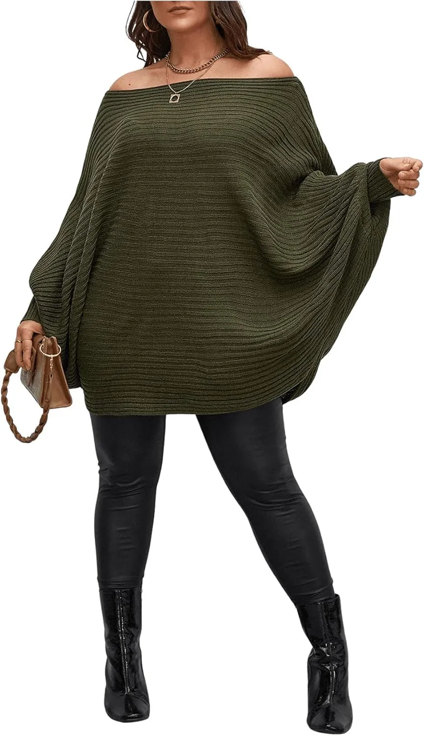 WDIRARA Women's Plus Size Off The Shoulder Batwing Long Sleeve Sweater Pullovers
