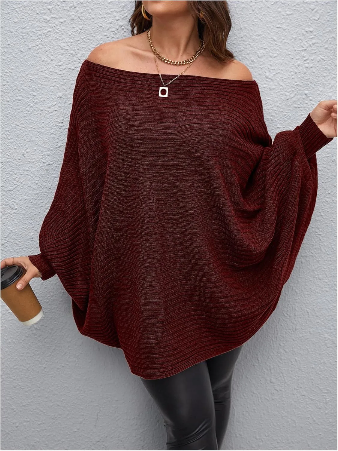 WDIRARA Women's Plus Size Off The Shoulder Batwing Long Sleeve Sweater Pullovers