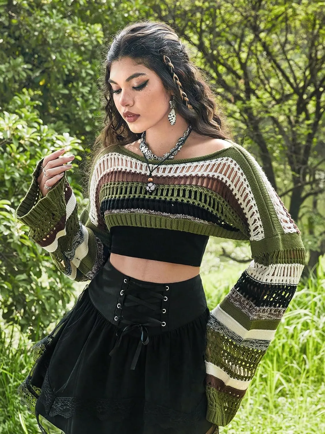 WDIRARA Women's Striped Crochet Crop Sweater Colorblock Drop Shoulder Pullovers Boat Neck Long Sleeve Tops