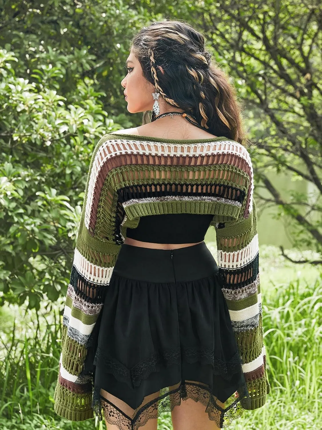 WDIRARA Women's Striped Crochet Crop Sweater Colorblock Drop Shoulder Pullovers Boat Neck Long Sleeve Tops