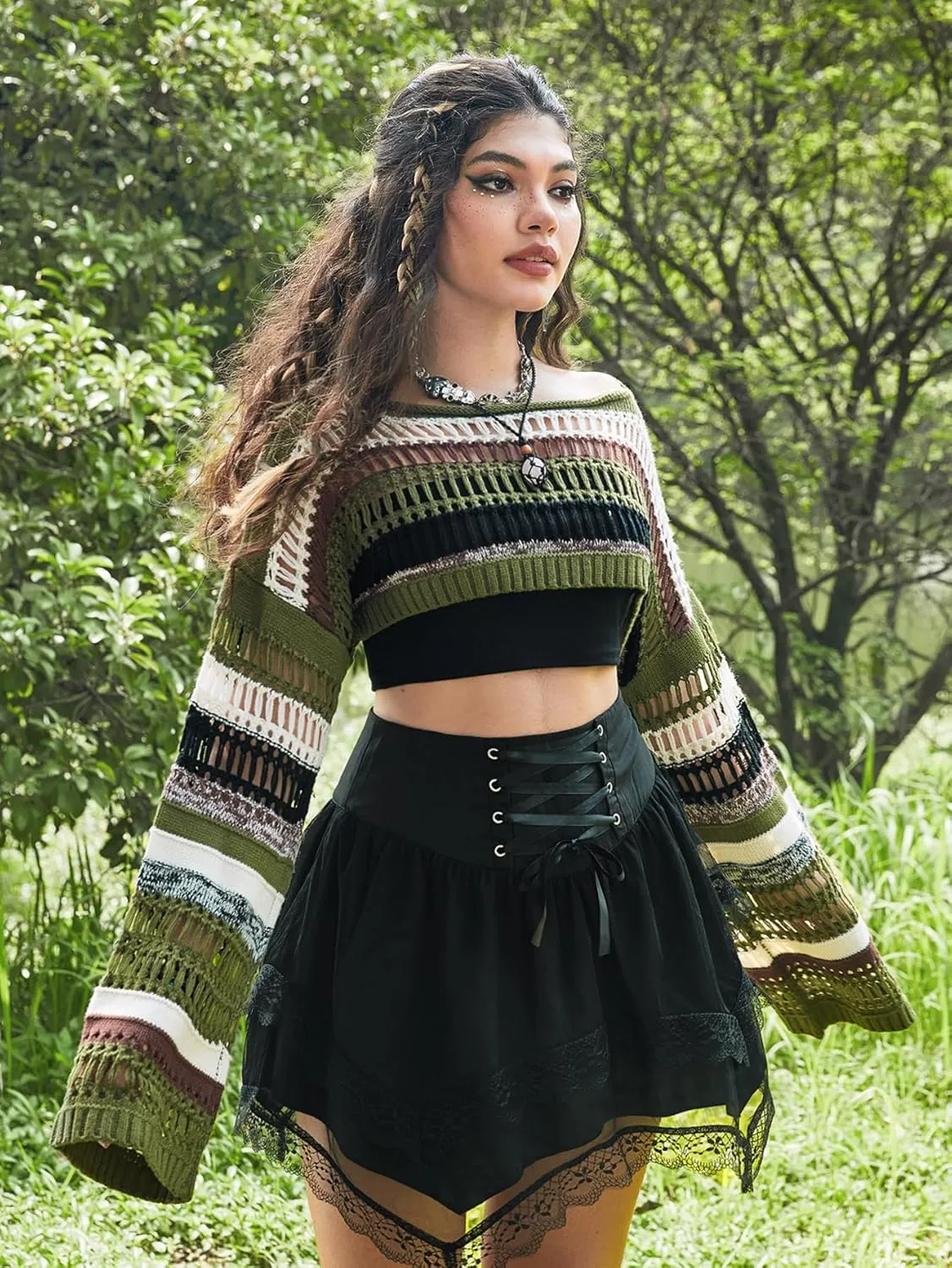 WDIRARA Women's Striped Crochet Crop Sweater Colorblock Drop Shoulder Pullovers Boat Neck Long Sleeve Tops