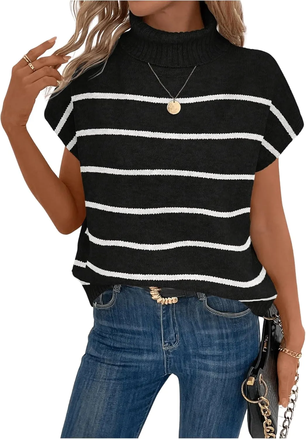WDIRARA Women's Striped Turtleneck Sweater Vest Cap Sleeve Pullovers Loose Oversized Knit Top