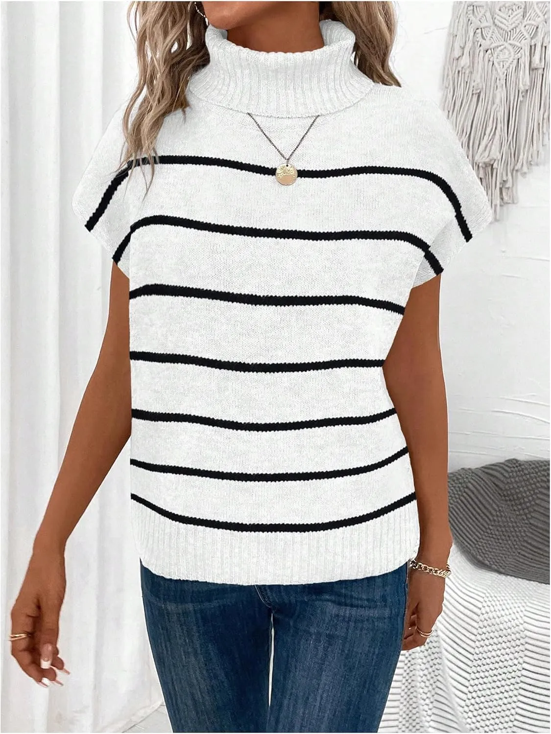 WDIRARA Women's Striped Turtleneck Sweater Vest Cap Sleeve Pullovers Loose Oversized Knit Top