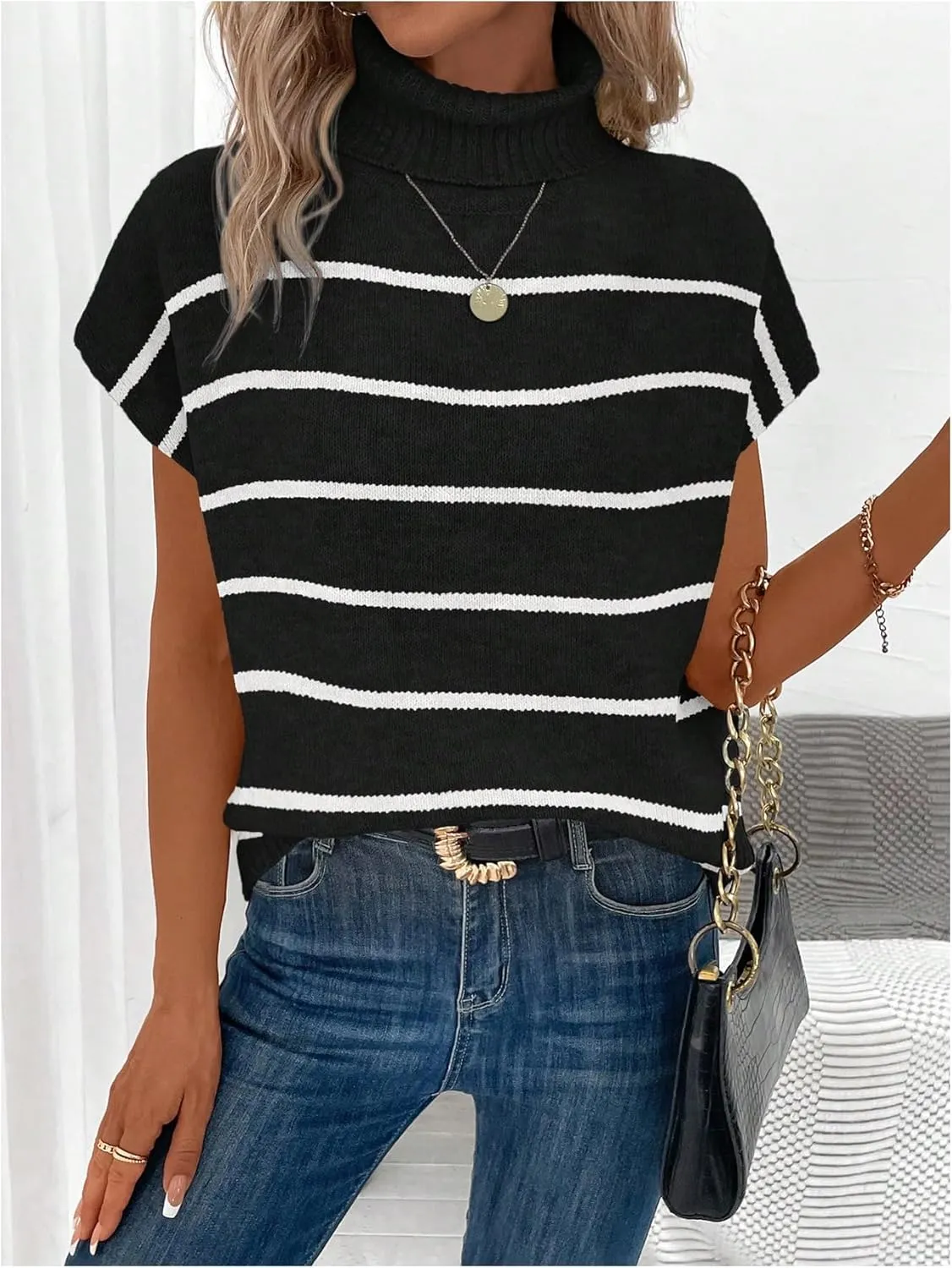 WDIRARA Women's Striped Turtleneck Sweater Vest Cap Sleeve Pullovers Loose Oversized Knit Top