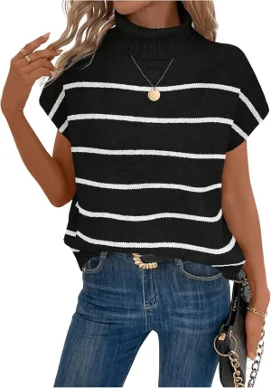 WDIRARA Women's Striped Turtleneck Sweater Vest Cap Sleeve Pullovers Loose Oversized Knit Top