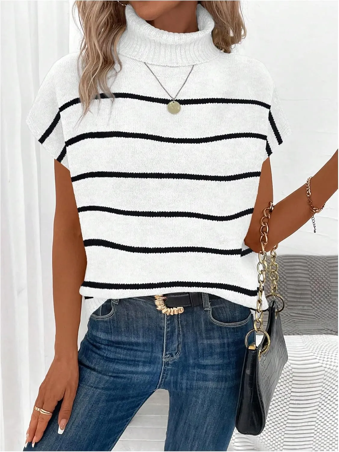 WDIRARA Women's Striped Turtleneck Sweater Vest Cap Sleeve Pullovers Loose Oversized Knit Top