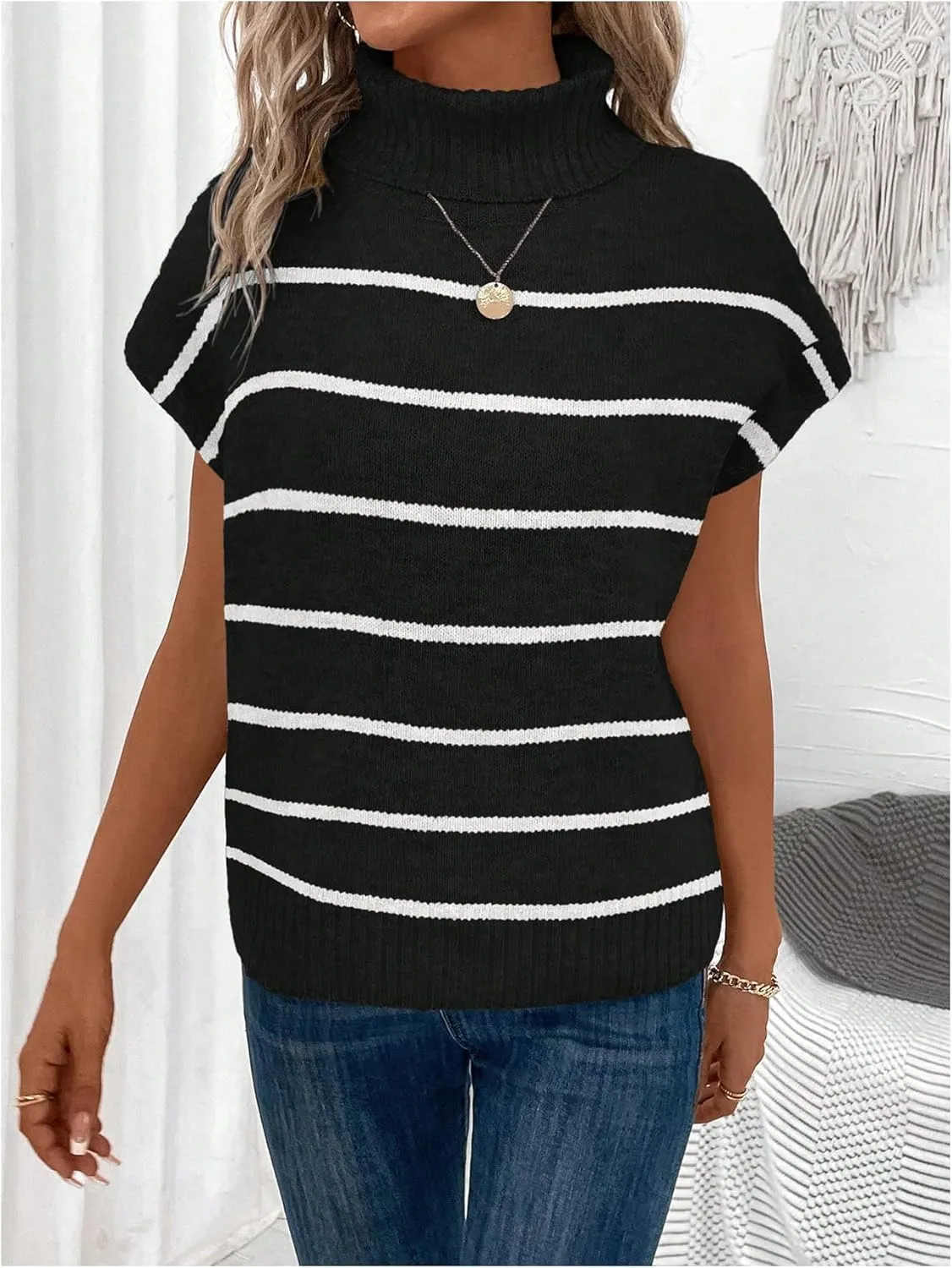WDIRARA Women's Striped Turtleneck Sweater Vest Cap Sleeve Pullovers Loose Oversized Knit Top