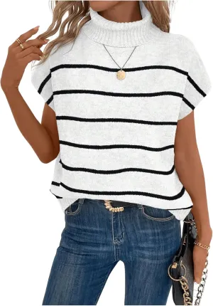 WDIRARA Women's Striped Turtleneck Sweater Vest Cap Sleeve Pullovers Loose Oversized Knit Top