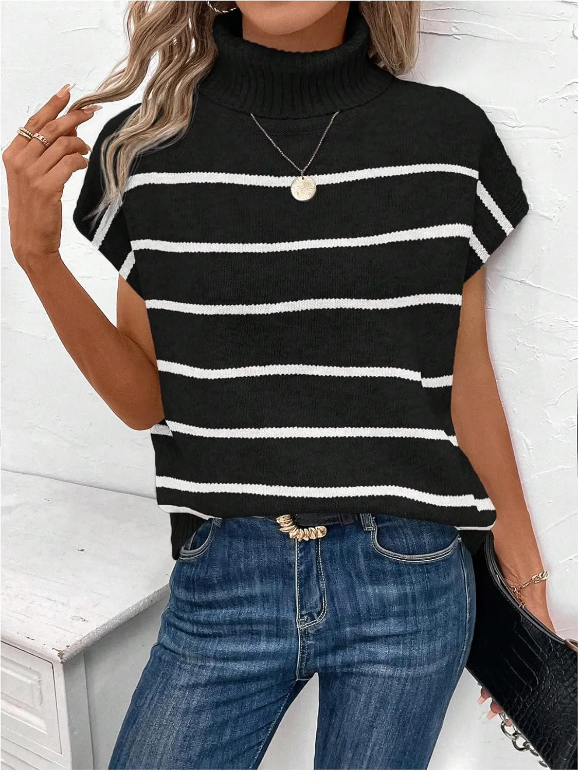 WDIRARA Women's Striped Turtleneck Sweater Vest Cap Sleeve Pullovers Loose Oversized Knit Top