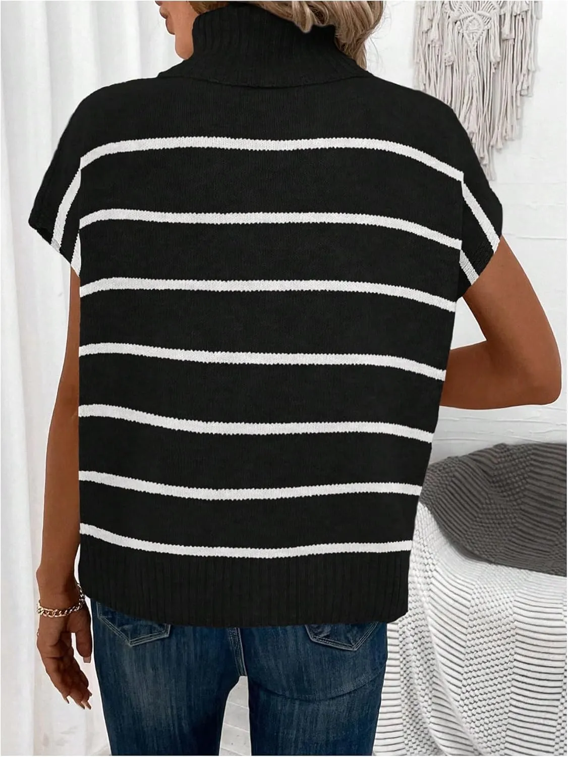 WDIRARA Women's Striped Turtleneck Sweater Vest Cap Sleeve Pullovers Loose Oversized Knit Top