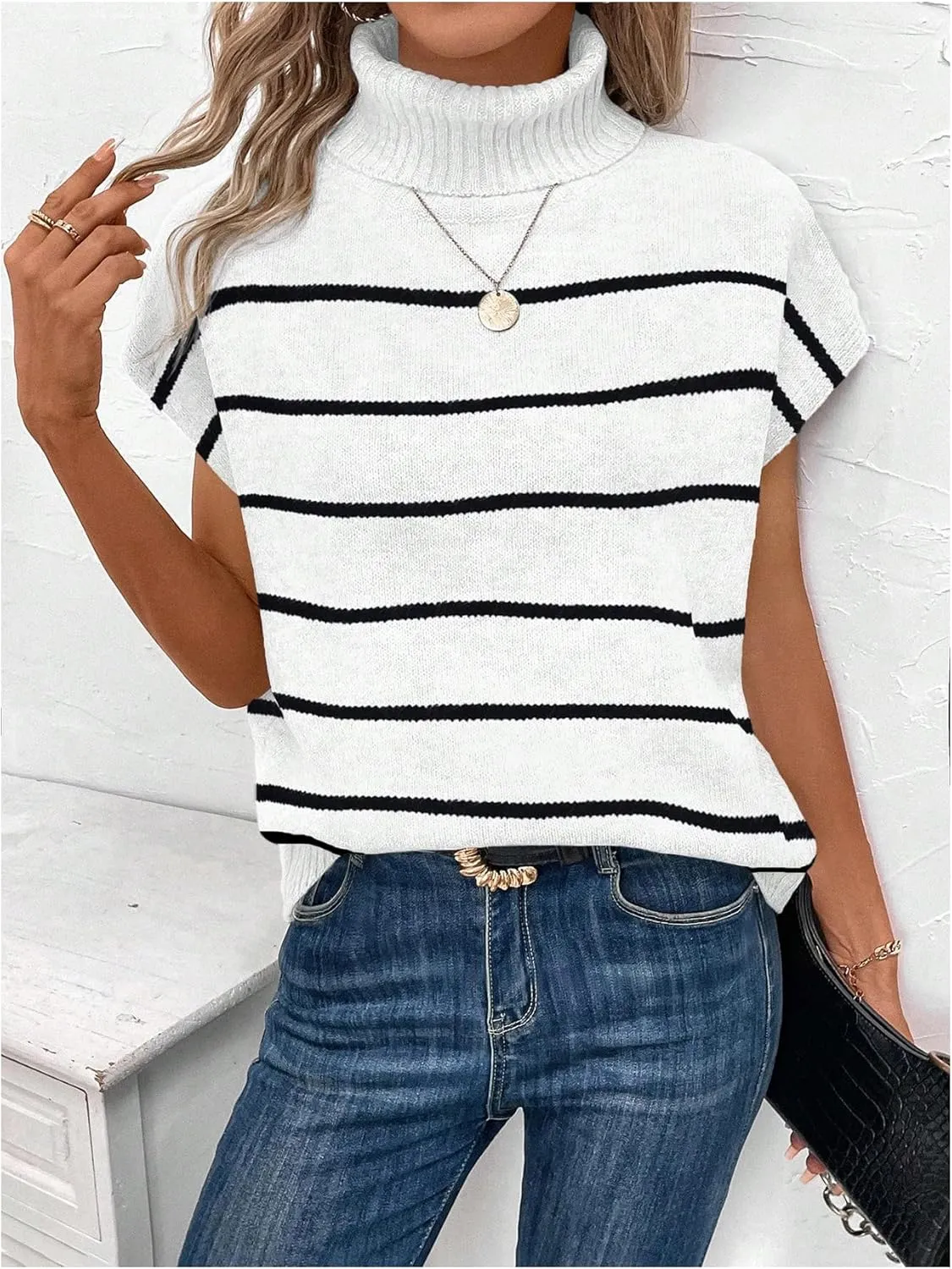 WDIRARA Women's Striped Turtleneck Sweater Vest Cap Sleeve Pullovers Loose Oversized Knit Top