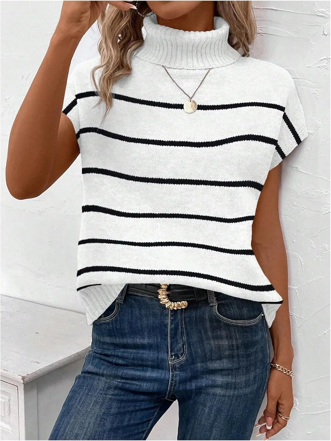 WDIRARA Women's Striped Turtleneck Sweater Vest Cap Sleeve Pullovers Loose Oversized Knit Top