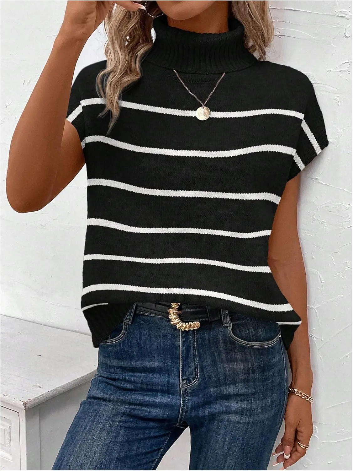 WDIRARA Women's Striped Turtleneck Sweater Vest Cap Sleeve Pullovers Loose Oversized Knit Top