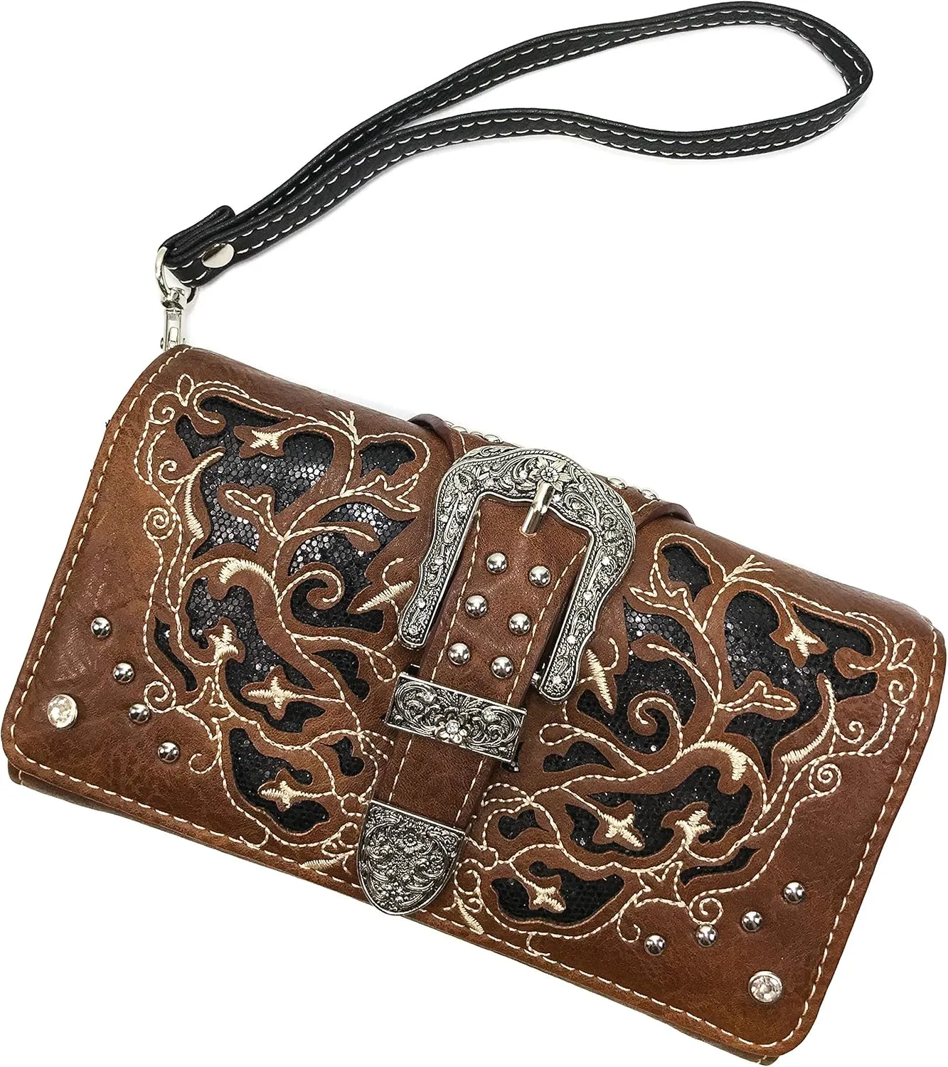 Western Gleaming Buckle Floral Cowgirl Women Crossbody Wrist Trifold Wallet (Brown)