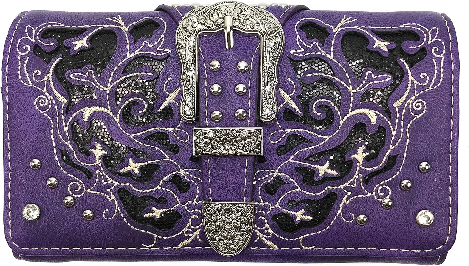 Western Gleaming Buckle Floral Cowgirl Women Crossbody Wrist Trifold Wallet (Purple)