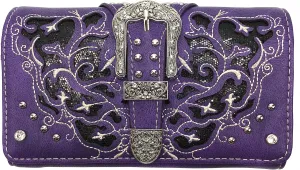 Western Gleaming Buckle Floral Cowgirl Women Crossbody Wrist Trifold Wallet (Purple)