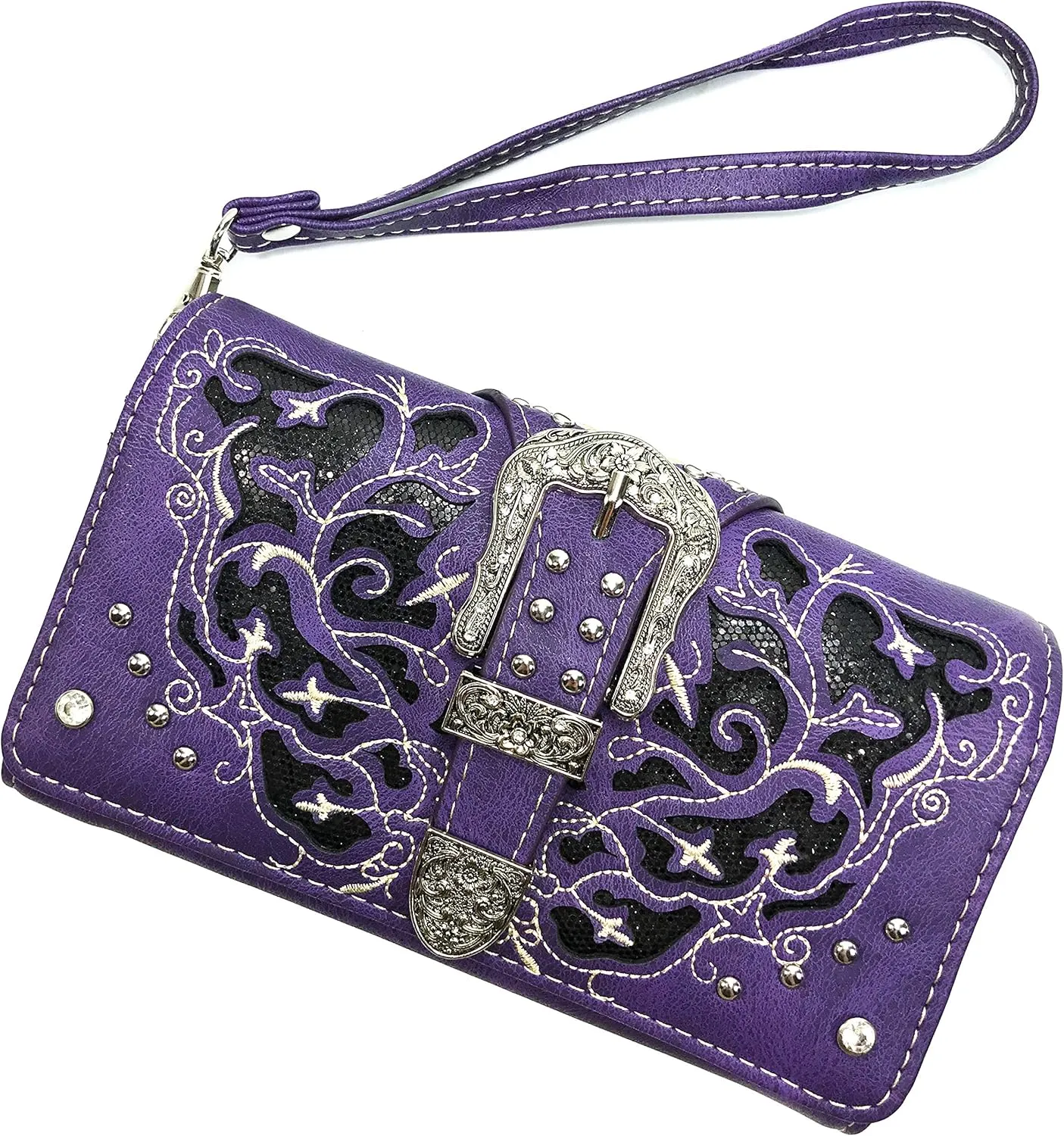 Western Gleaming Buckle Floral Cowgirl Women Crossbody Wrist Trifold Wallet (Purple)