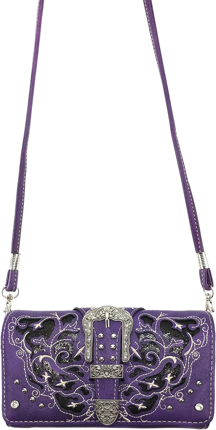 Western Gleaming Buckle Floral Cowgirl Women Crossbody Wrist Trifold Wallet (Purple)