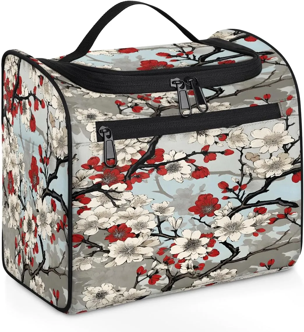 White Cherry Blossom Hanging Toiletry Bag for Women Men Large Capacity Makeup Bag Waterproof Cosmetic Bag Portable Travel Makeup Organizer with Multi Compartments