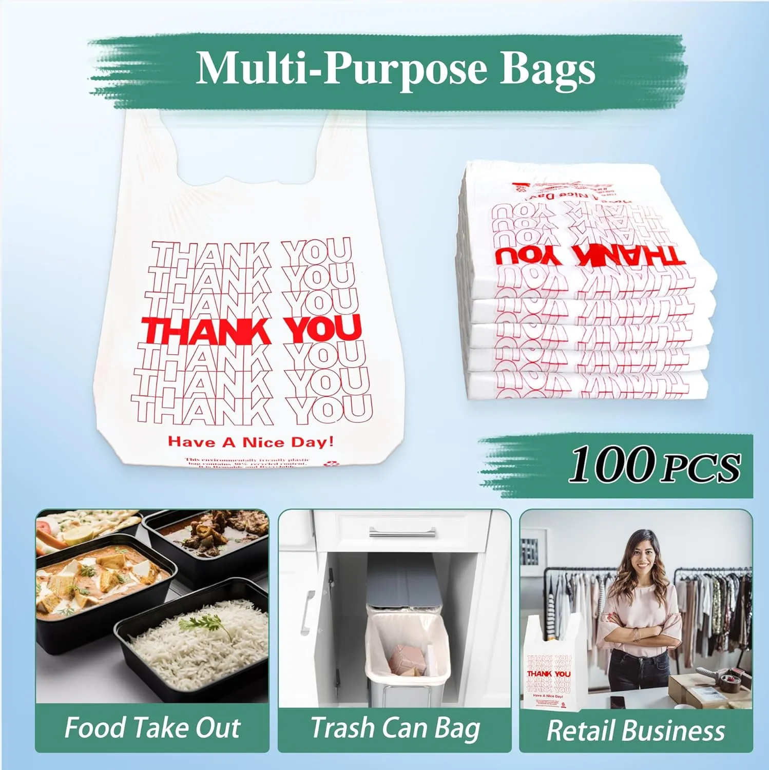 White Thank you T shirt bag, Grocery shopping bag Reusable and Disposable Supermarket Bag 11''x6''x21'' 100PCS