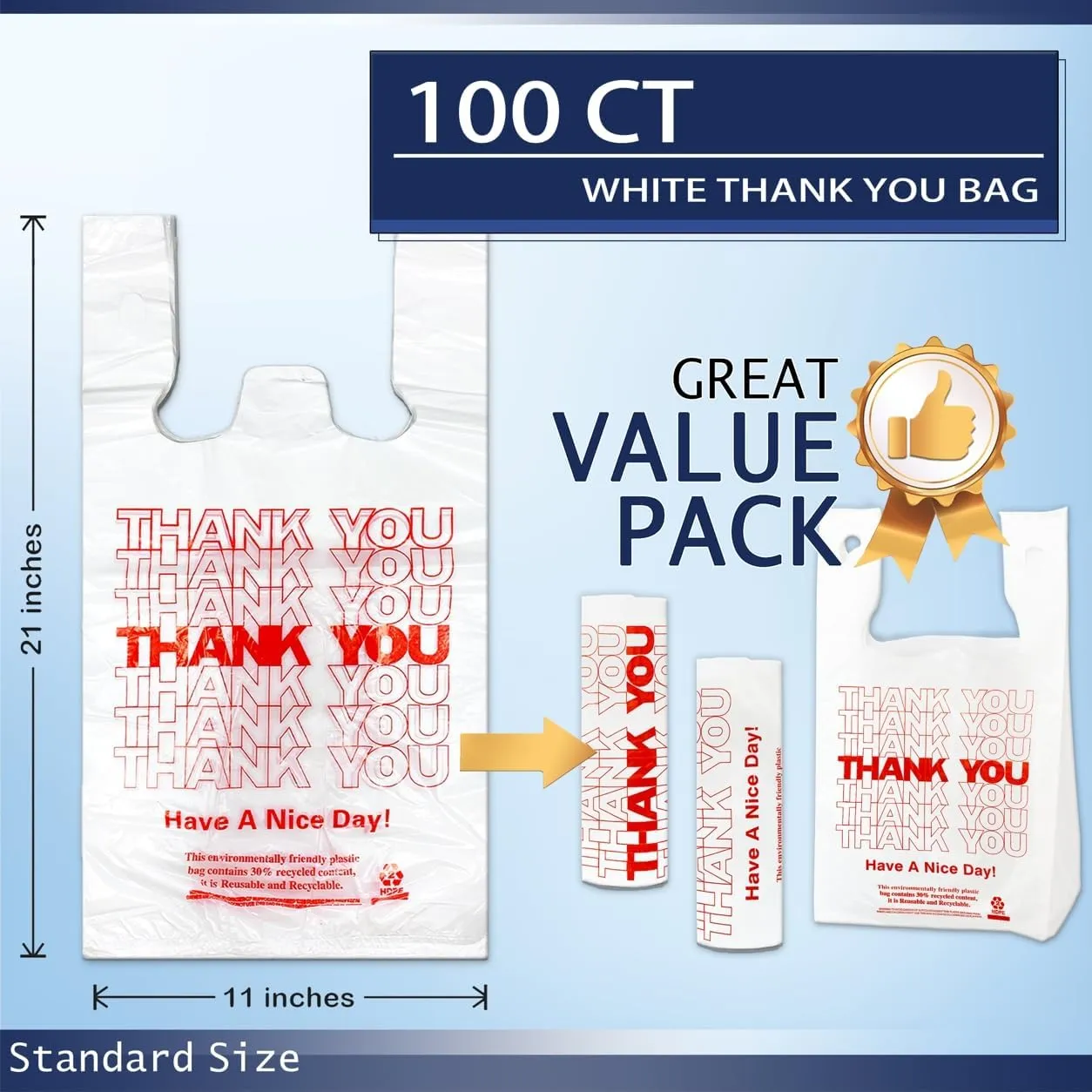 White Thank you T shirt bag, Grocery shopping bag Reusable and Disposable Supermarket Bag 11''x6''x21'' 100PCS