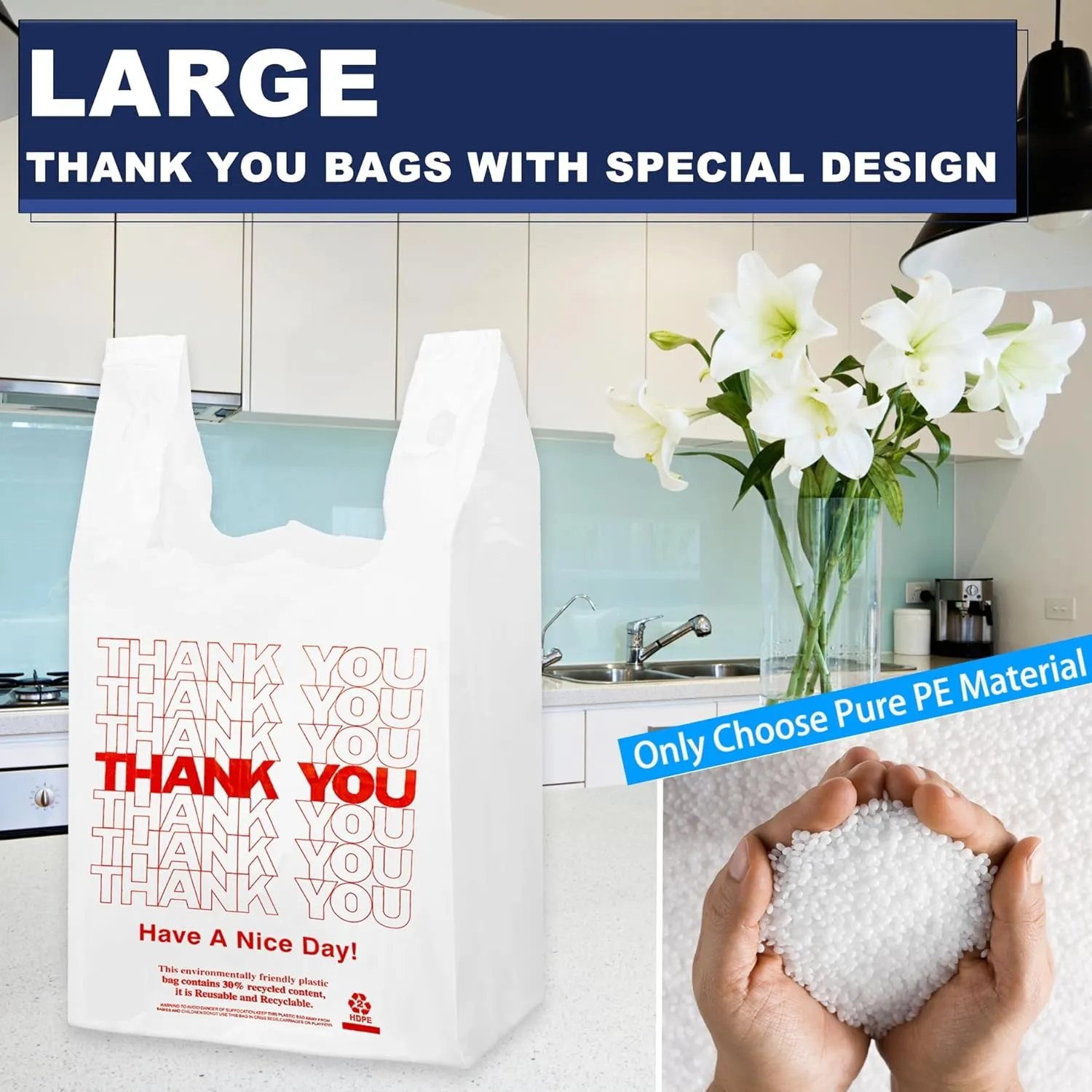 White Thank you T shirt bag, Grocery shopping bag Reusable and Disposable Supermarket Bag 11''x6''x21'' 100PCS