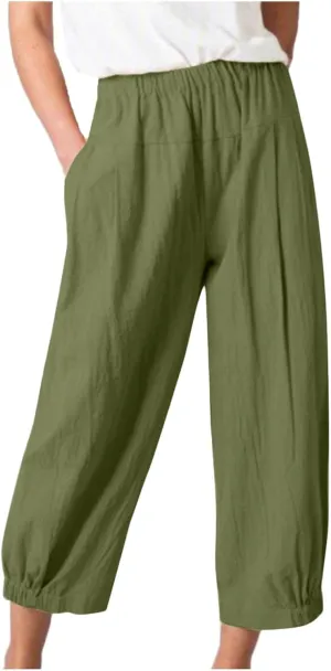 Wide Leg Lounge Pants for Women High Waist Cotton Linen Cropped Pant Dressy Casual Summer Trousers with Pockets
