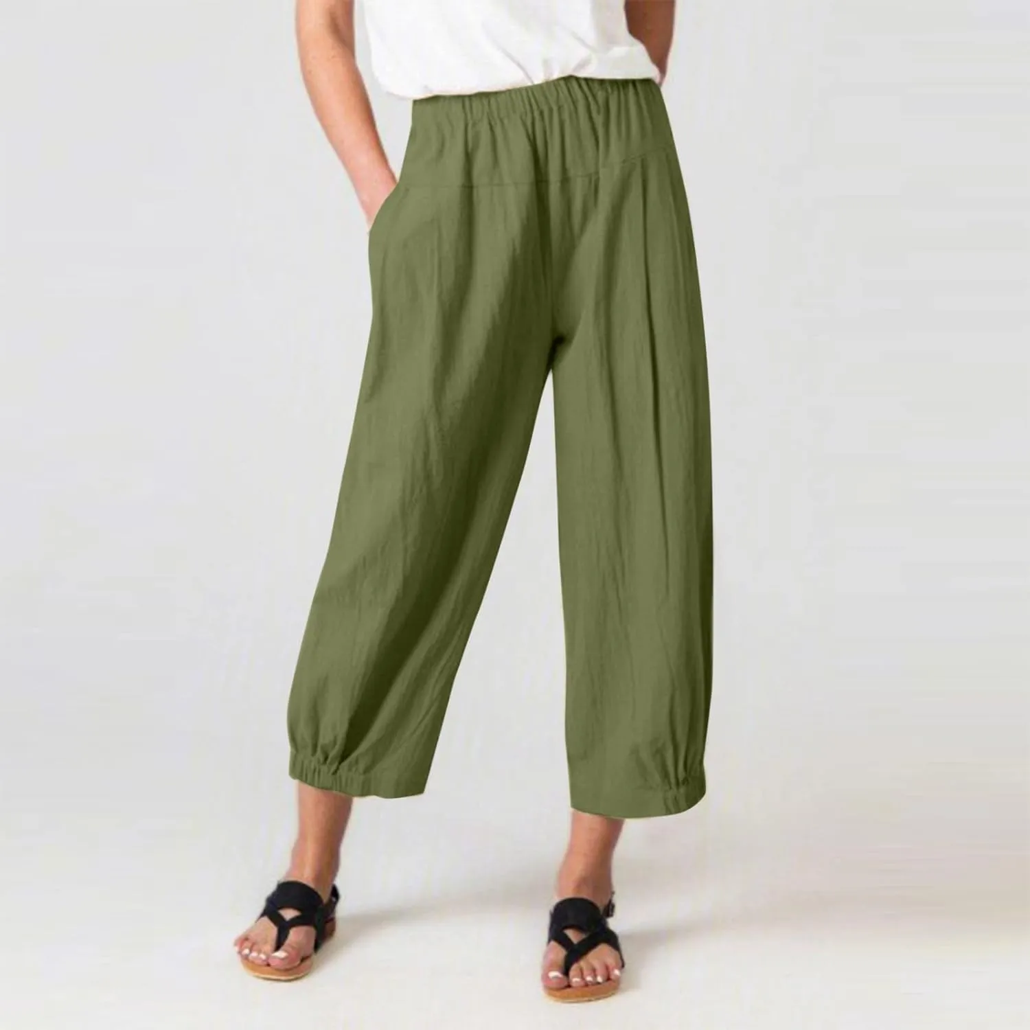 Wide Leg Lounge Pants for Women High Waist Cotton Linen Cropped Pant Dressy Casual Summer Trousers with Pockets