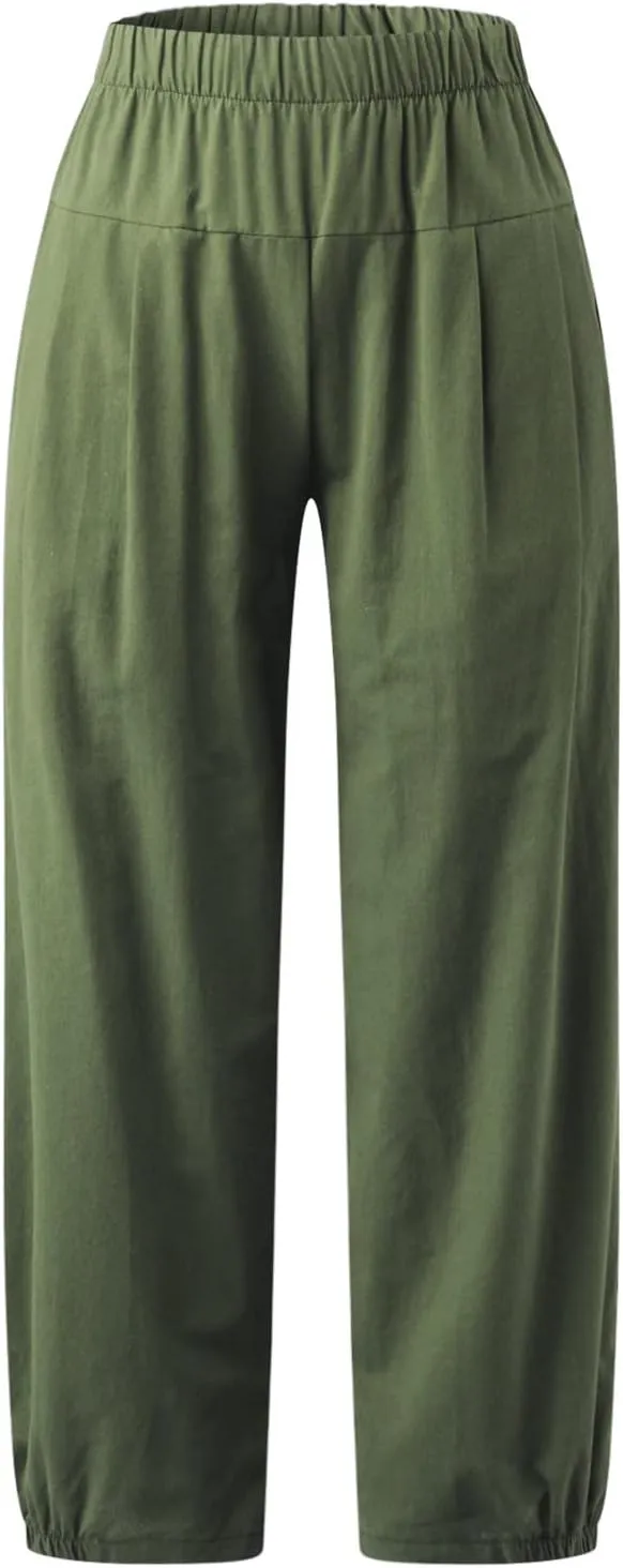 Wide Leg Lounge Pants for Women High Waist Cotton Linen Cropped Pant Dressy Casual Summer Trousers with Pockets