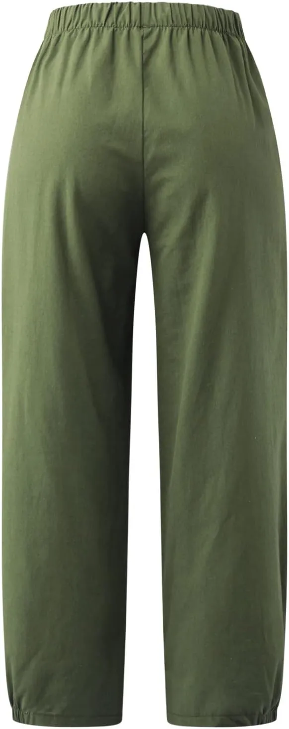 Wide Leg Lounge Pants for Women High Waist Cotton Linen Cropped Pant Dressy Casual Summer Trousers with Pockets