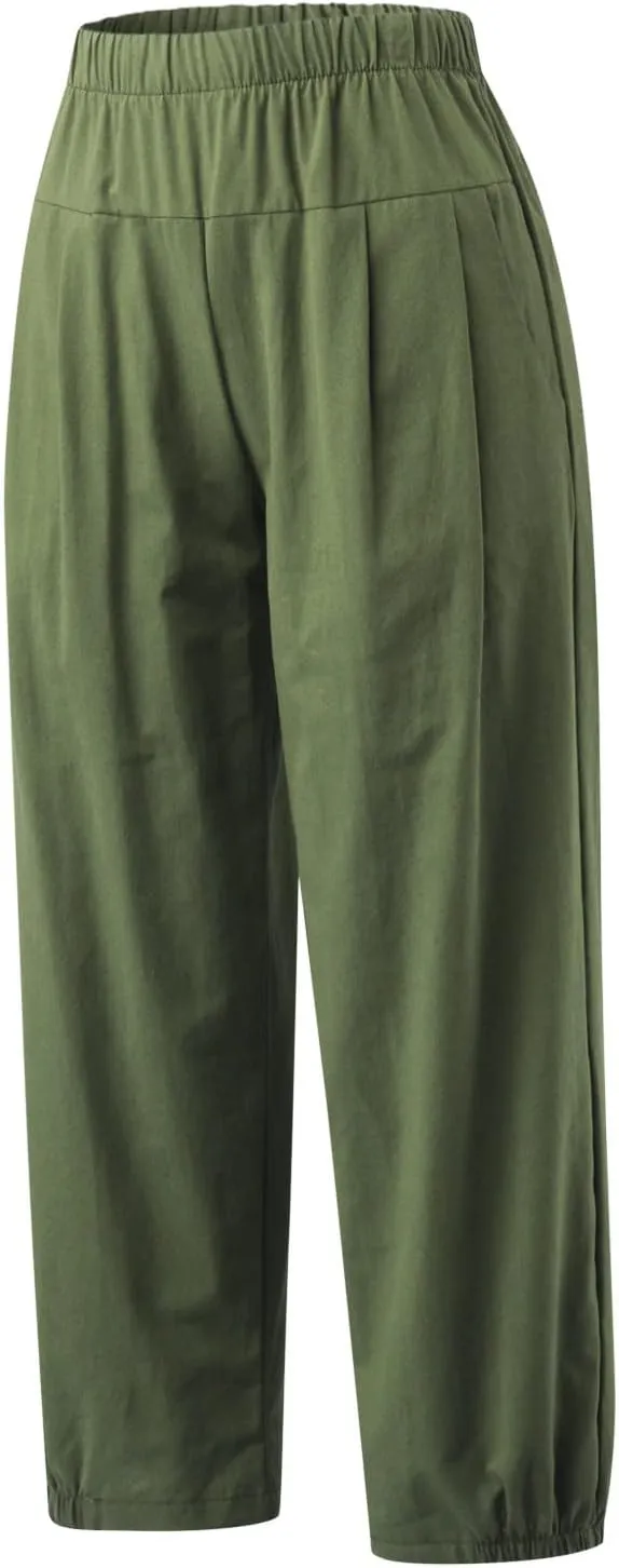 Wide Leg Lounge Pants for Women High Waist Cotton Linen Cropped Pant Dressy Casual Summer Trousers with Pockets
