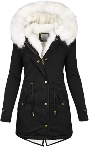 Winter Parka Coat for Women Faux Fur Hooded Thicken Warm Fleece Cotton Coat Padded Outwear ladys wool cap Long Jackets