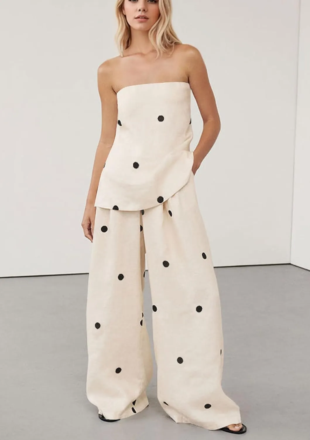Women 2 Piece Polka Dot Tube Top Set Strapless Bandeau Blouse Wide Leg Spot Print Pants Outfits Summer Lounge Sets